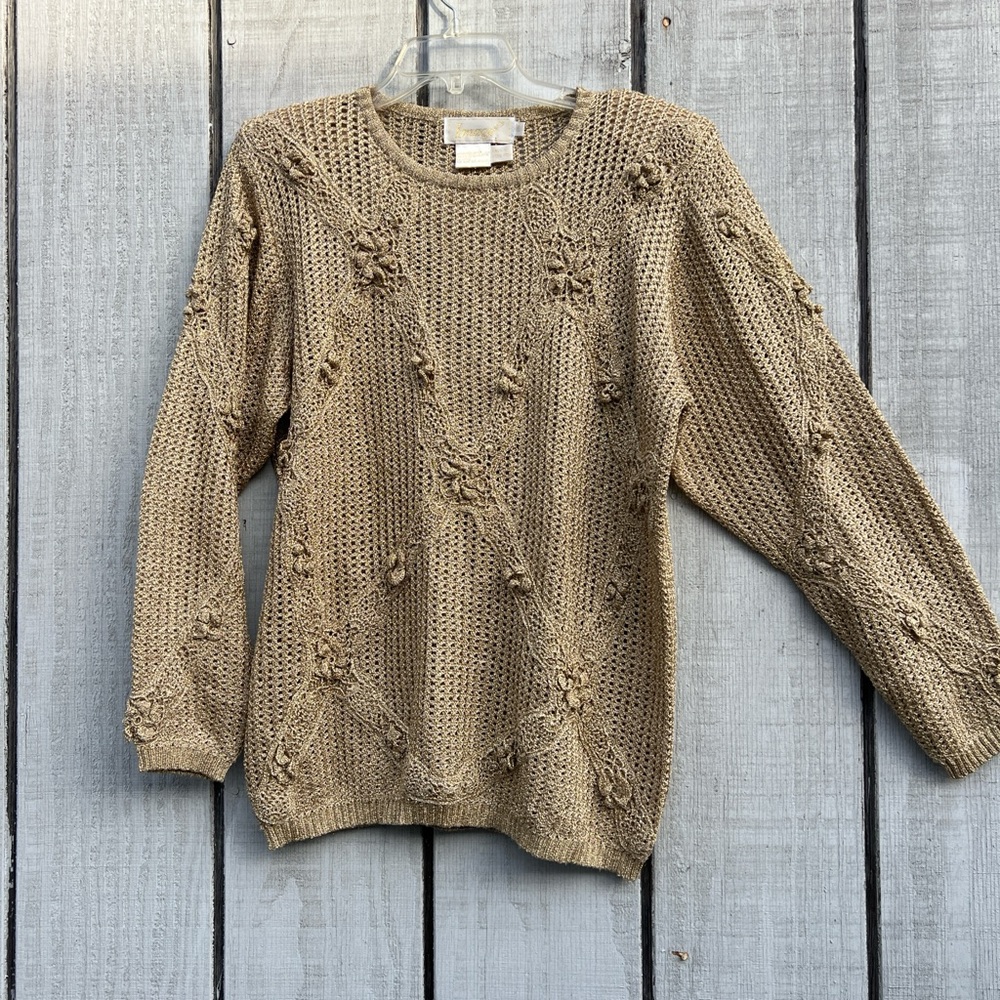 Imago Open knit Gold metallic crochet pullover sweater w/floral design Vtg L